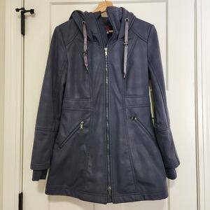 Zella Hooded Softshell Coat Small Gray Long Jacket Thumbholes Fleece Lined